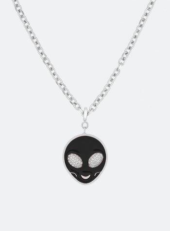 18k white gold coated alien pendant necklace with hand-set micropavé stones in white on black hand painted alien pendant and 3mm rolo chain