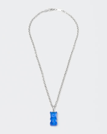 18k white gold coated gummy bear pendant necklace with 3D cut sandblasted crystal in blue and 3mm rolo chain
