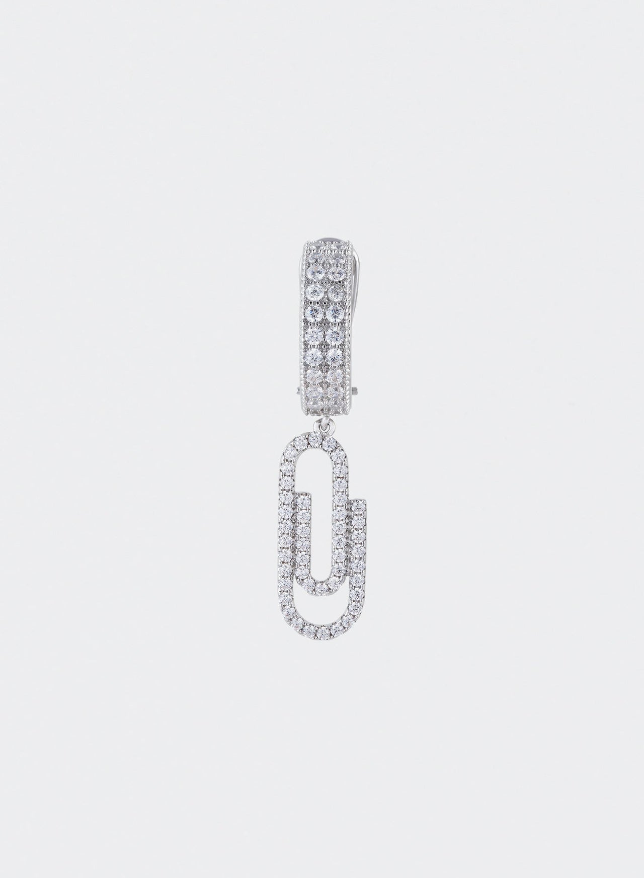 18k white gold coated paperclip mono earring with oversize hoop and hand-set micropavé stones in white
